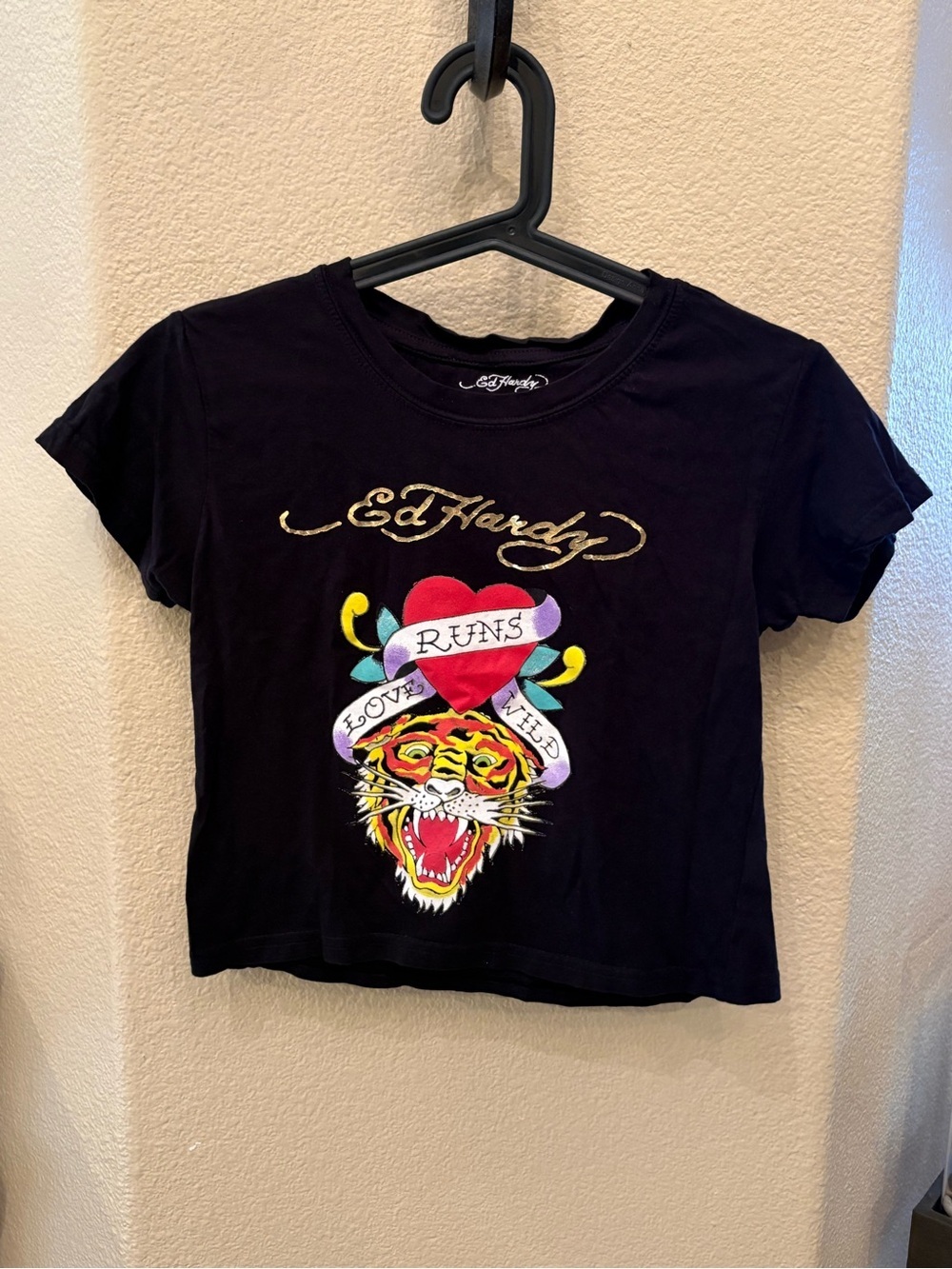 Ed Hardy Black Tiger Graphic Cropped Baby Tee Size Large